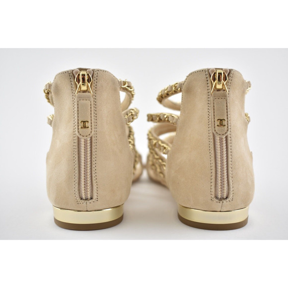 Chanel 18P Beige Suede Chain Gold CC Gladiator Strap Mule Slide Flat Sandal 36.5 - Picture 9 of 10